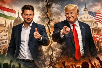 Two politicians, one with a thumbs-up, the other pointing, separated by a crack in a dramatic background.