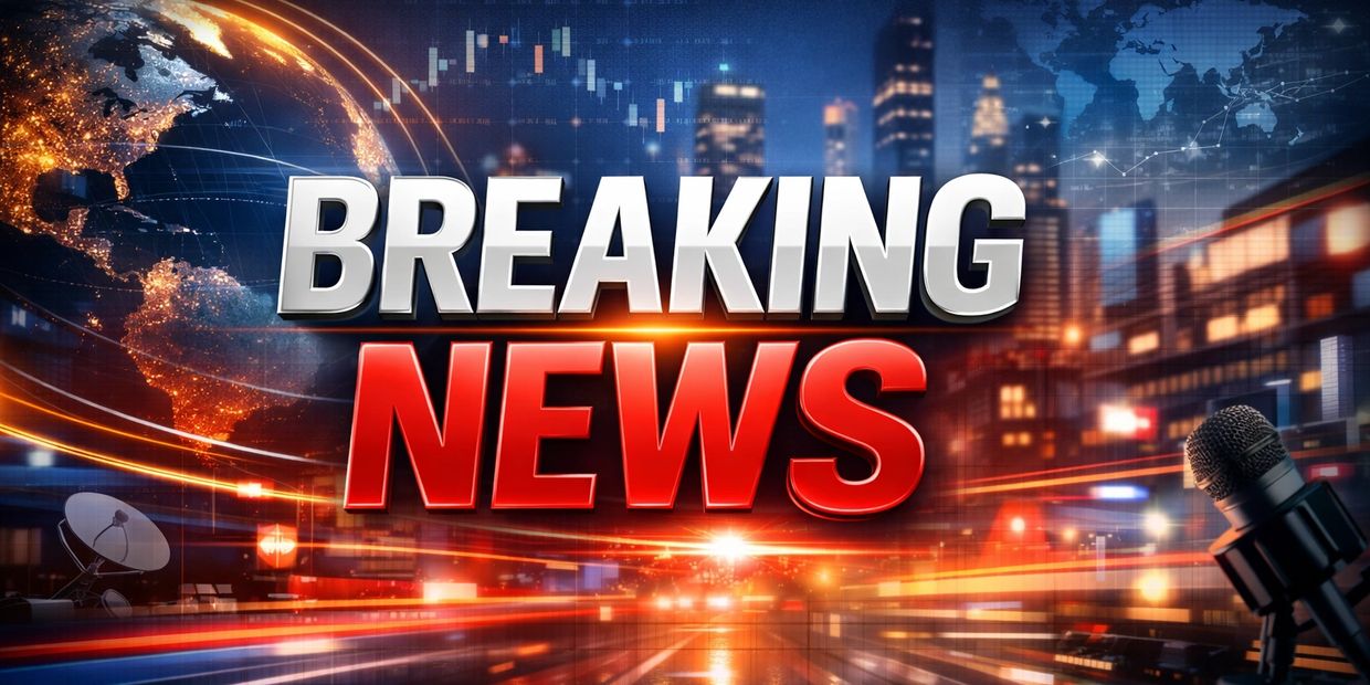 Bold 'Breaking News' headline with cityscape and global network background.