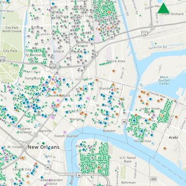 Map of New Orleans with various colored data points.