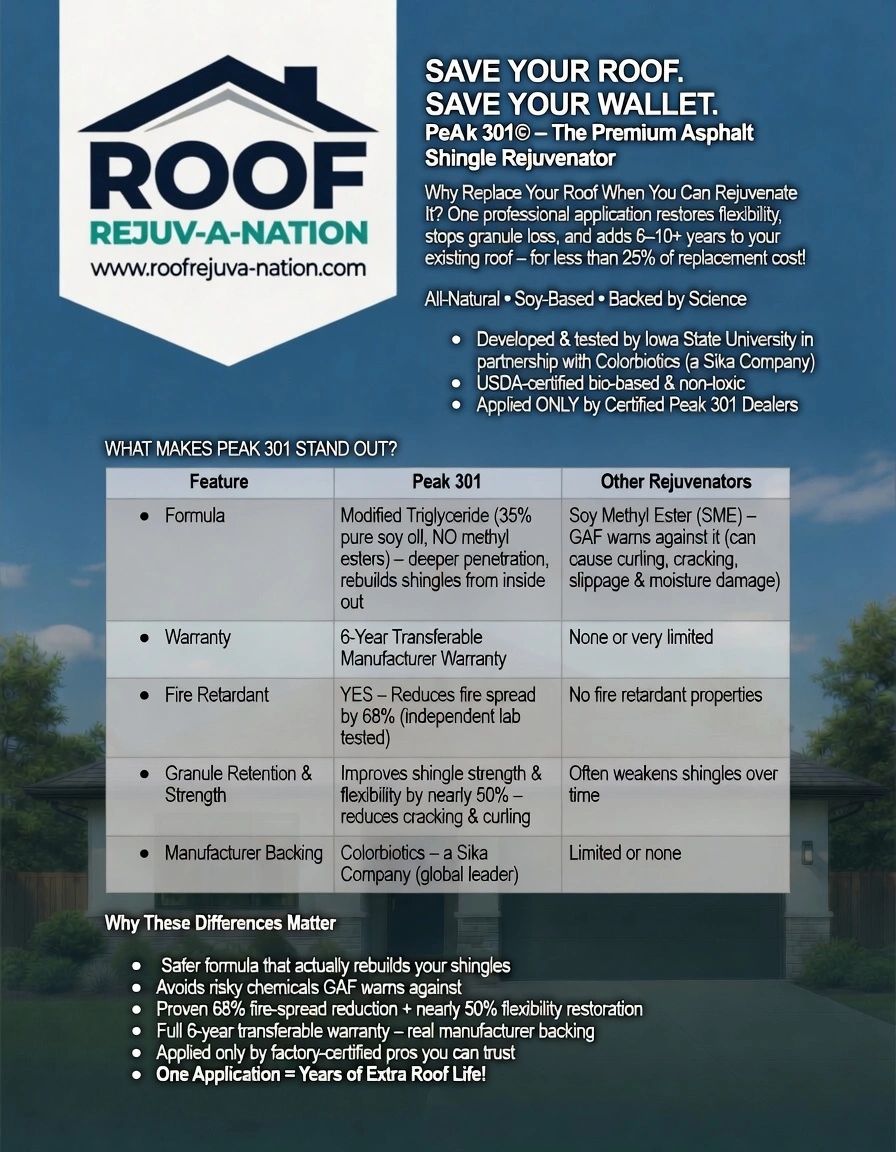 Informative infographic comparing Peak 301 roof rejuvenator with other products, highlighting benefits and features.
