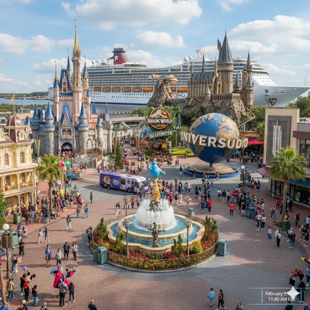 A vibrant theme park with a cruise ship in the background on a sunny day.