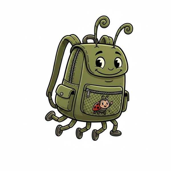 A cheerful green backpack with antennae and legs, featuring a ladybug on its front pocket.