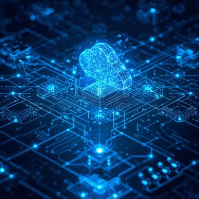 Glowing blue cloud hologram over a digital circuit board symbolizing cloud computing.