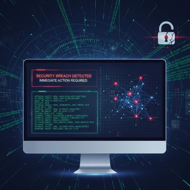 Computer screen showing a security breach alert with digital network graphics.