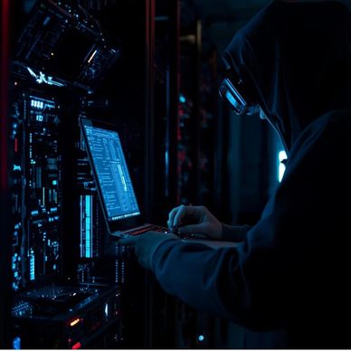 Person in hoodie working on a laptop in a dark server room.