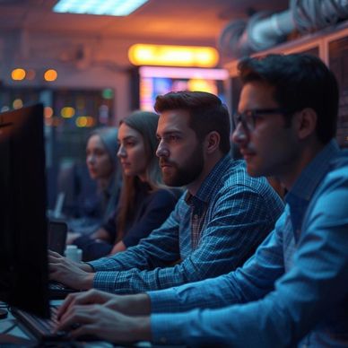 A focused team working on computers in a dimly lit tech environment.