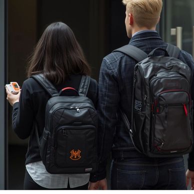 Two people with backpacks, walking away from the camera.
