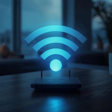 A glowing blue Wi-Fi symbol above a router in a dimly lit room.