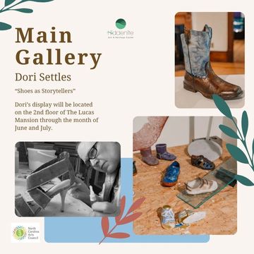 Exhibit featuring artist Dori Settles and her shoe-inspired artwork in The Lucas Mansion.