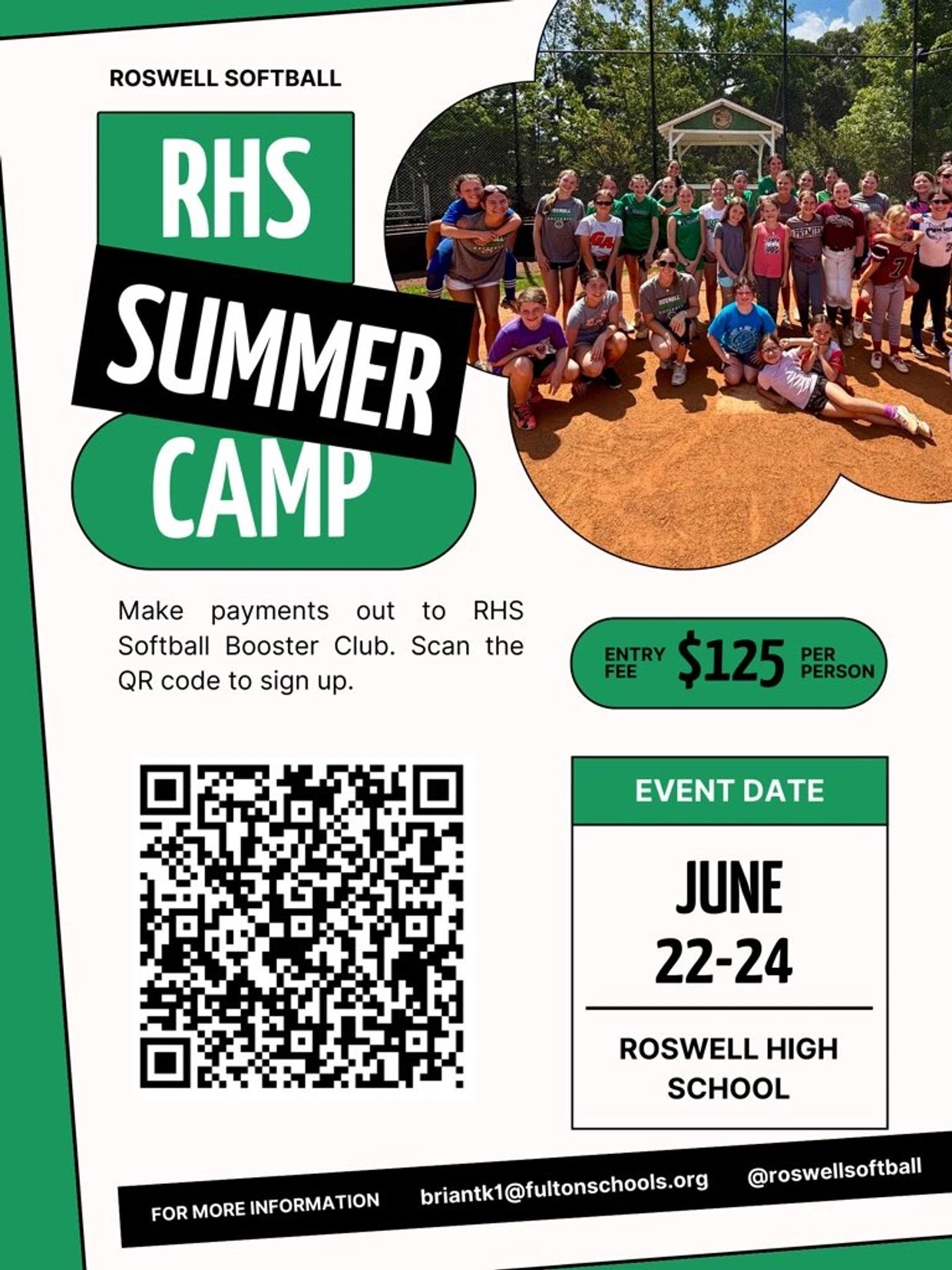 Roswell High School softball summer camp group photo and event details.