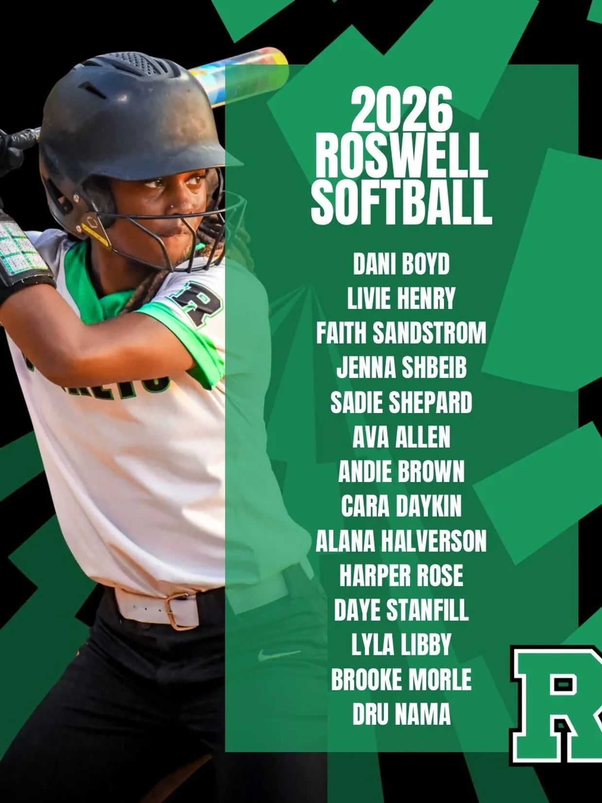 2026 Roswell Softball team roster with a player in batting stance.