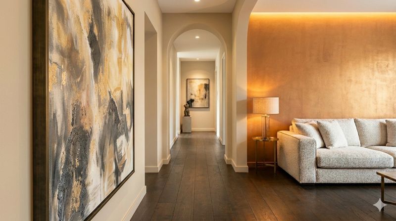 A sophisticated hallway featuring elegant wall painting, warm lighting, and a large abstract art piece, showcasing professional interior design services.