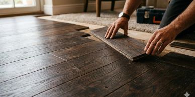 Person installing dark wood flooring.
