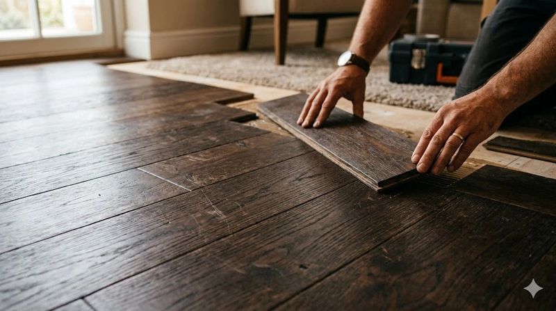 Professional installation of dark brown natural wood parquet flooring.