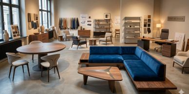 Modern furniture showroom with blue sofa and wooden tables.