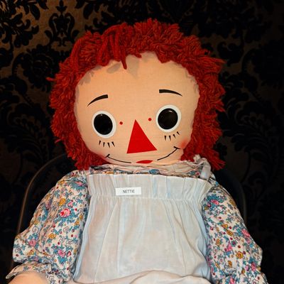A large Raggedy Ann doll with red yarn hair and a floral dress.