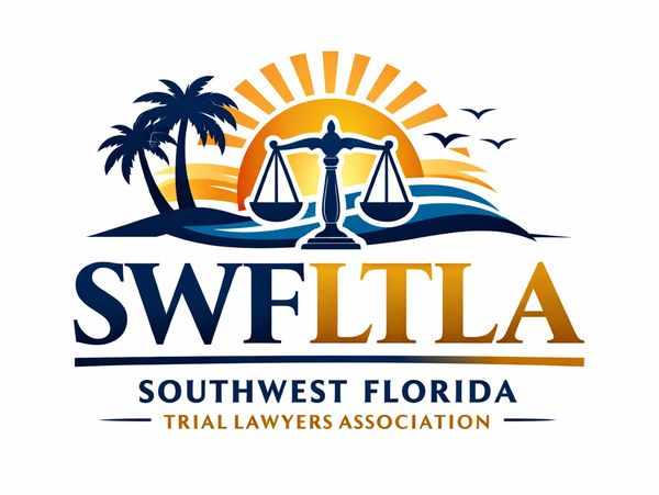 Logo of Southwest Florida Trial Lawyers Association with scales of justice and sunset.