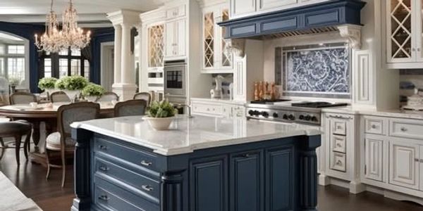 Custom kitchen remodel with white cabinetry and blue island by Crafted Spaces Design Build