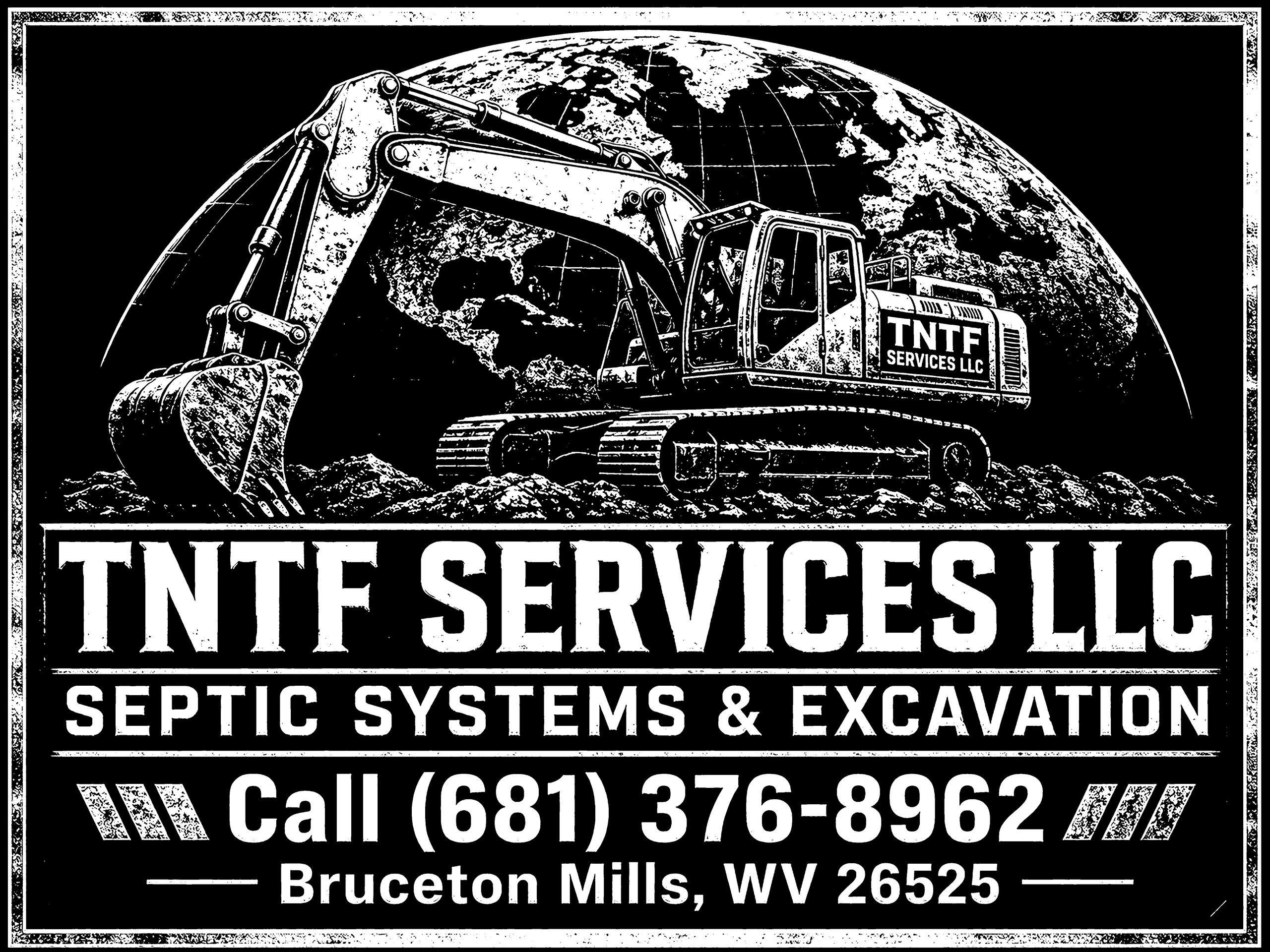 Black and white logo of TNTF Services LLC with excavator and globe.