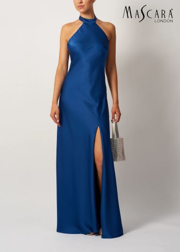 Elegant blue halter-neck evening gown with thigh slit.
