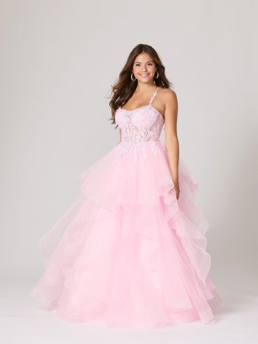 Young woman in a pink tiered ball gown.
