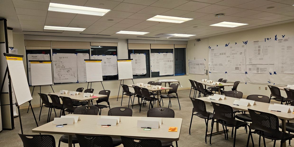 Conference room set up with tables, chairs, flipcharts, and large papers on walls for a workshop.