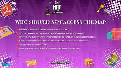 A warning poster about who should not access a specific map, with colorful icons and text.