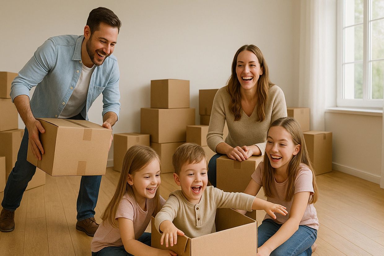 Family packing moving boxes in a bright Wilmington, NC home, with kids playing in a box.