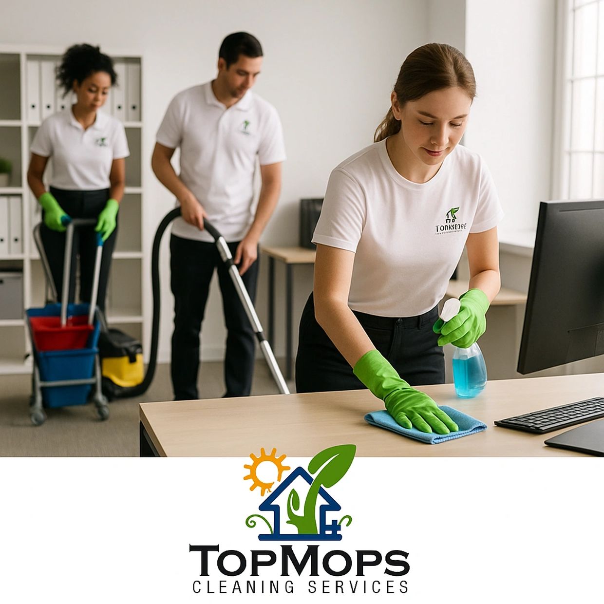 Top Mops Cleaning Services team performing professional commercial cleaning in Wilmington NC office