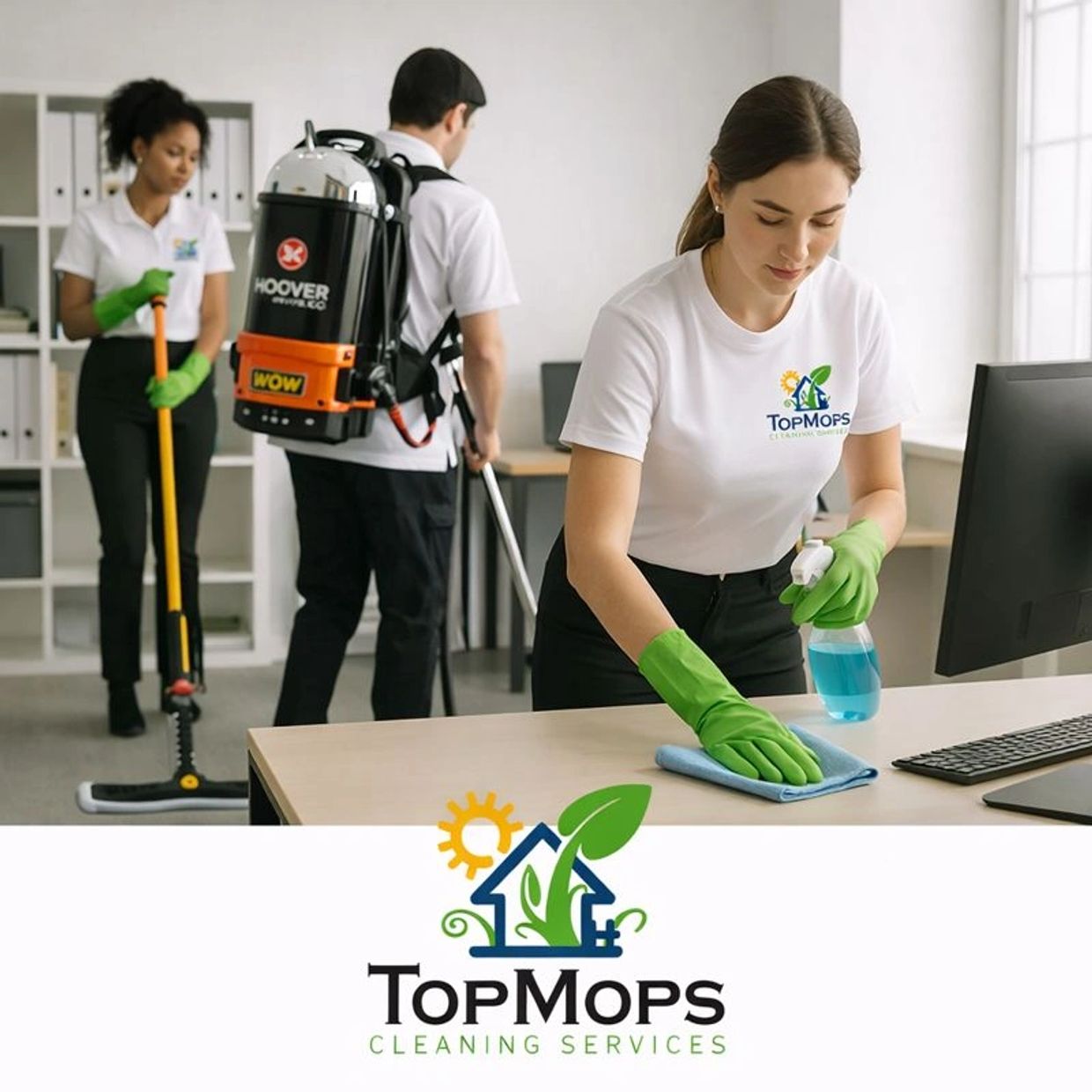 Top Mops Cleaning Services team performing professional commercial cleaning in Wilmington NC office.