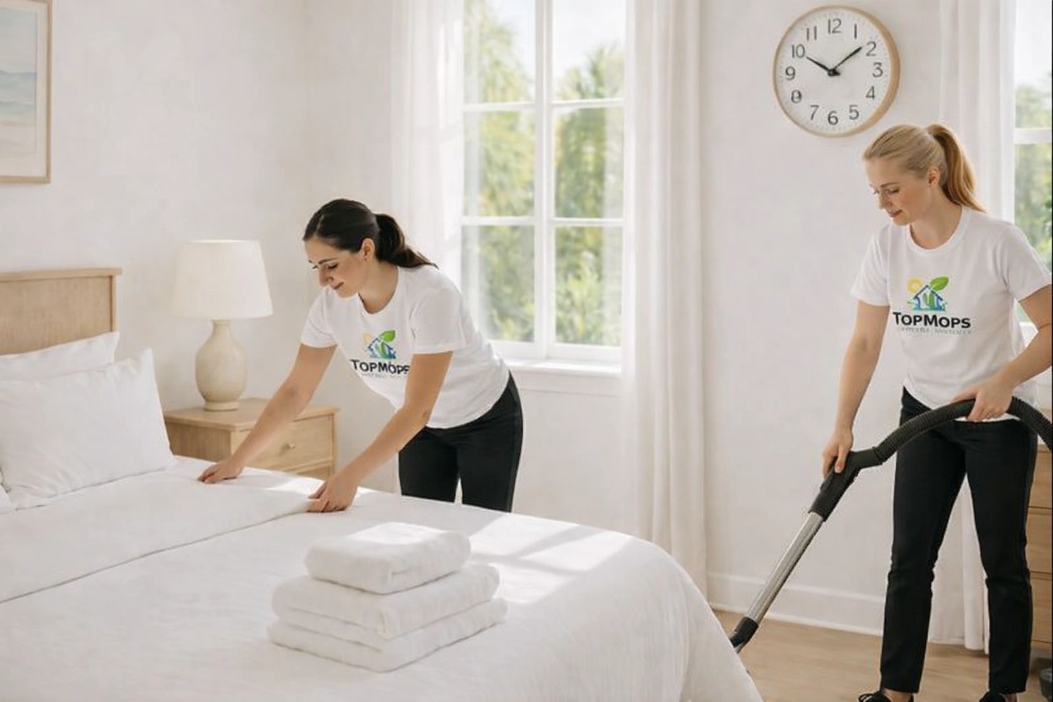 Top Mops Cleaning Services bedroom cleaning — bed making and vacuuming in Carolina Beach, NC.