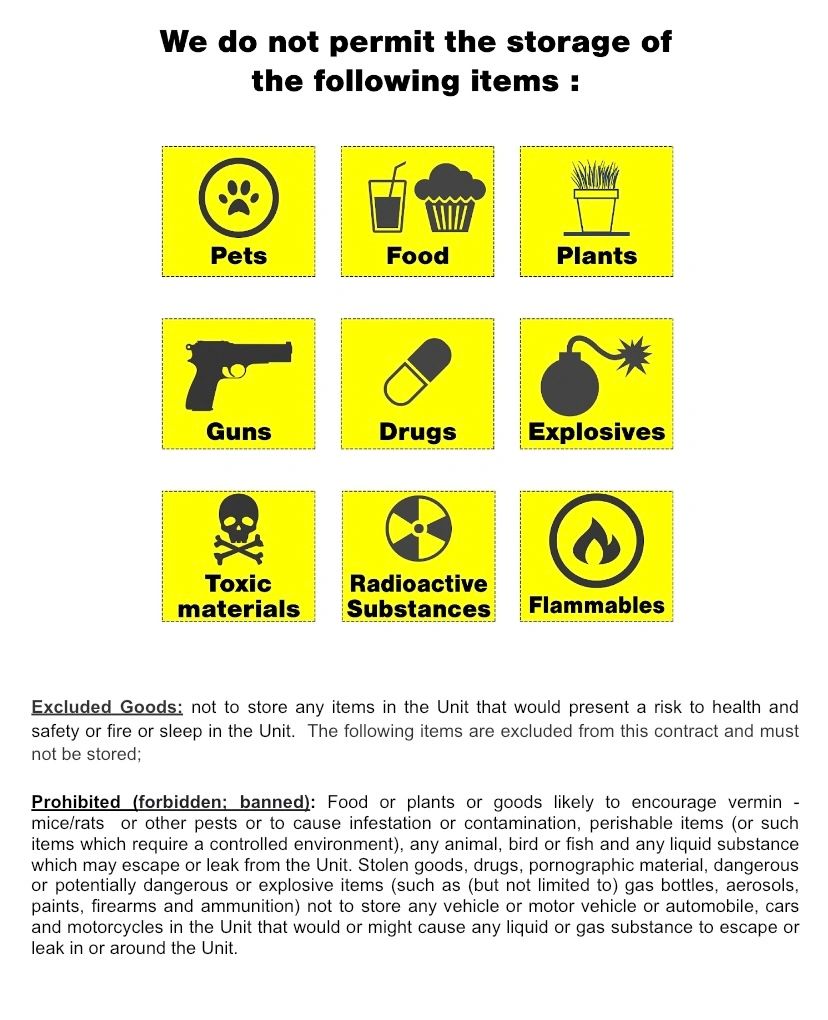 Sign listing prohibited storage items including pets, food, guns, and flammables.