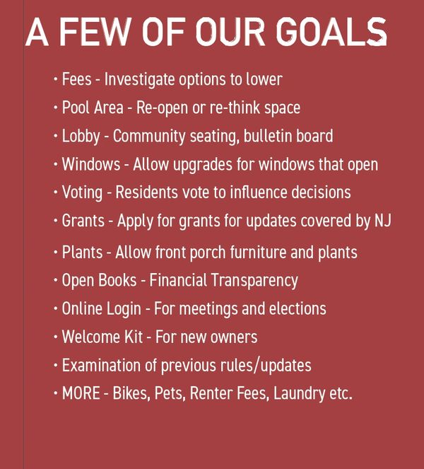 List of community goals including fees, pool area, voting, grants, and more.