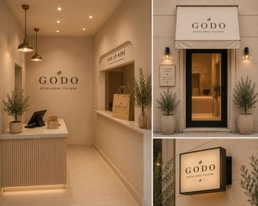 Modern Italian restaurant interior and exterior with GODÒ branding.