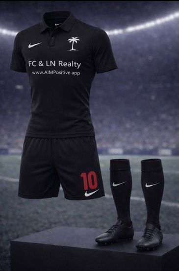Black soccer uniform with palm tree logo and number 10 on shorts.