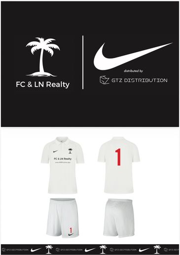 White soccer kit with FC &amp; LN Realty logo and Nike branding.
