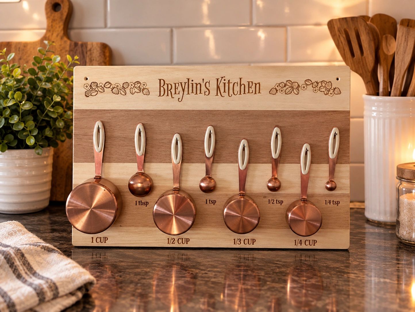Copper measuring spoons in a personalized wooden holder.