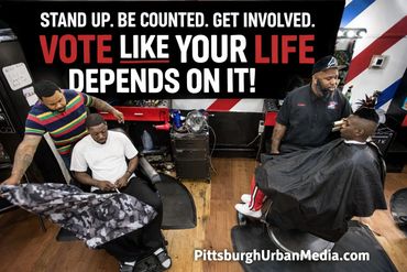Barbershop scene urging voters to stand up and vote as if their life depends on it.