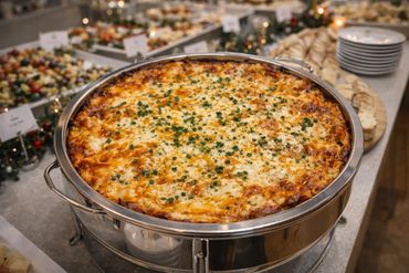 A large baked dish topped with melted cheese and herbs in a buffet setting.