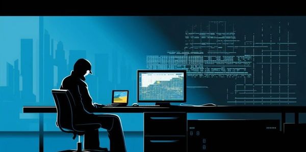 Silhouette of a person working on a computer in a dark room.