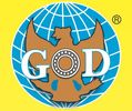Logo with a globe, bird silhouette, and the word GOD.