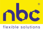 Logo of nbc with the tagline flexible solutions on yellow and white background.