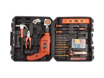 A compact tool kit with various hand tools and an electric drill in a black case.