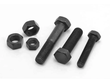 Black hex bolts and nuts arranged on a white surface.