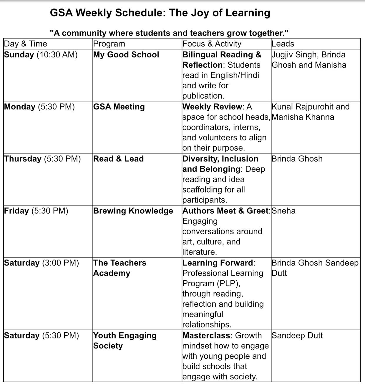 Good Schools Alliance weekly schedule is full of the joy of learning.
