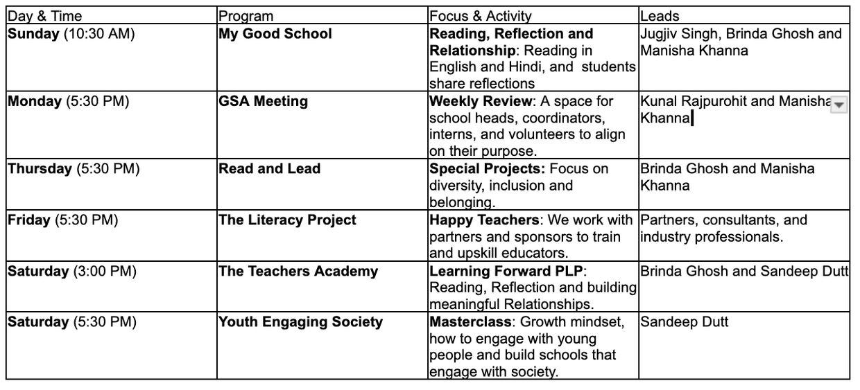 Good Schools Alliance weekly schedule