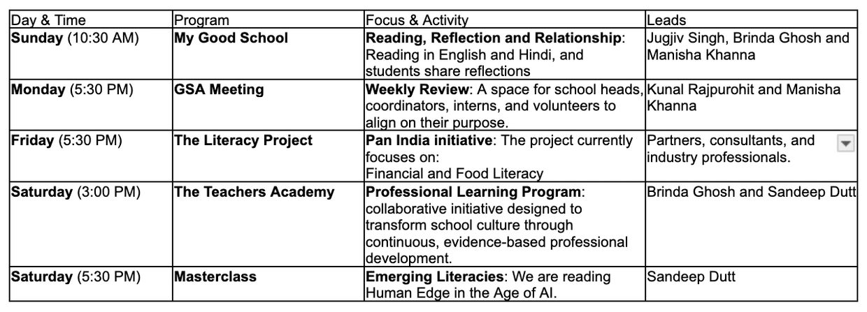 Good Schools Alliance weekly schedule