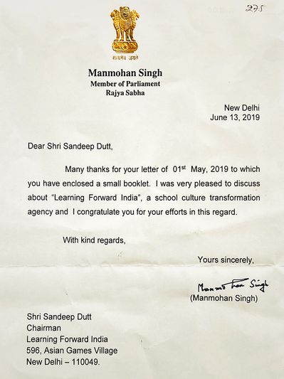 Letter from Dr Manmohan Singh, the former Prime Minister of India.