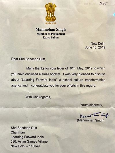 Letter of Appreciation from Dr Manmohan Singh, former Prime Minister of India.