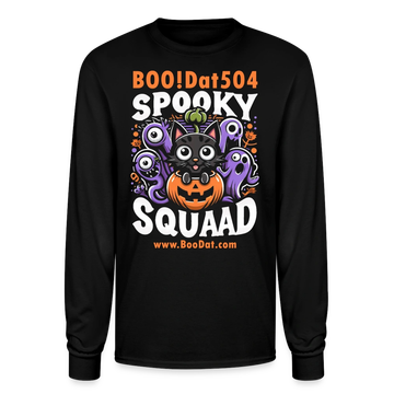Black shirt with Halloween-themed cartoon graphics and text.